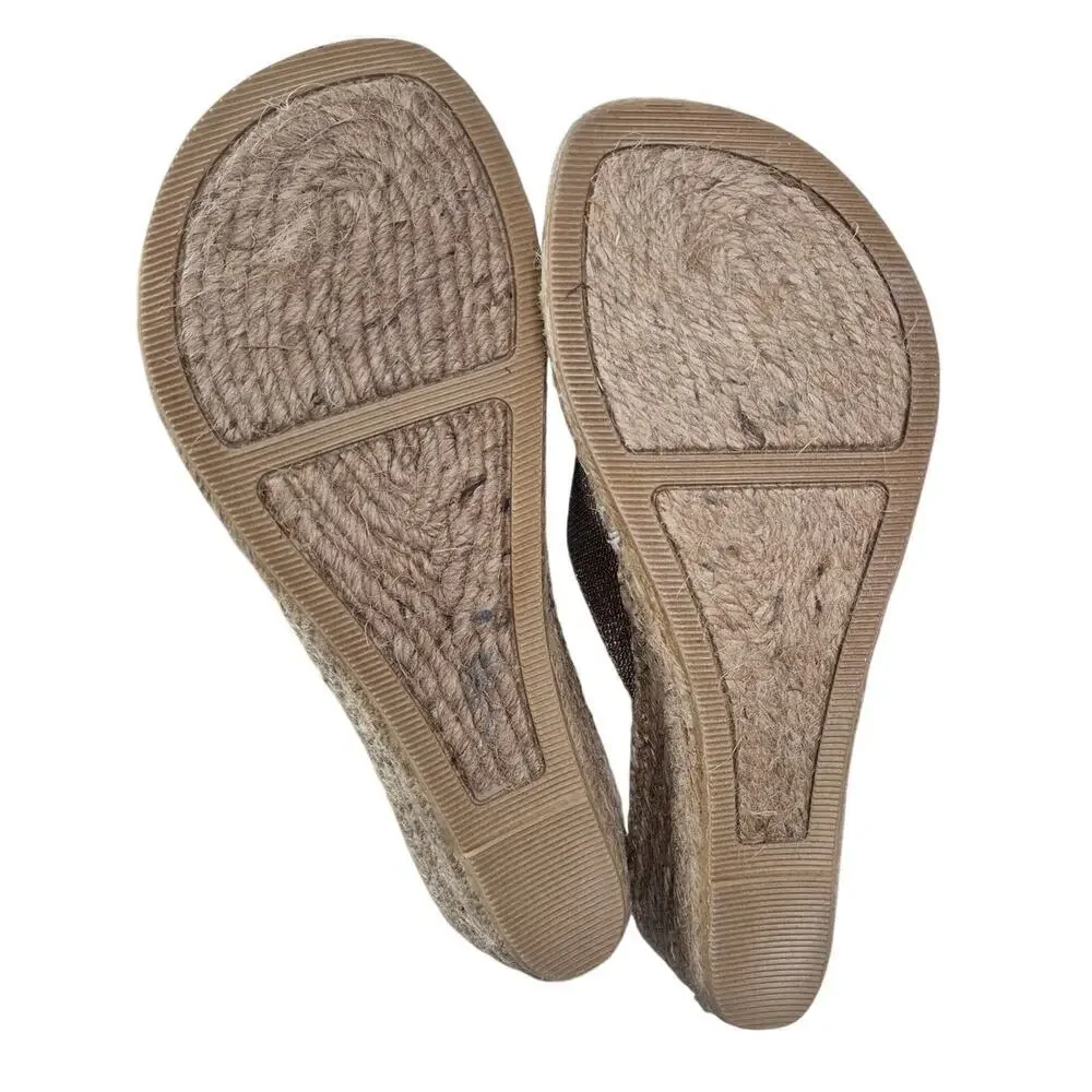 White Mountain Beachball Gold Metallic Wedge Thong Sandals Rope/Stitch Sz 9
